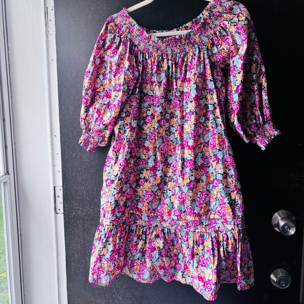 Maeve Anthropologie Pink Multi Floral Long-Sleeve Smocked Neck Dress